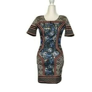 Jealous Tomato Chevron Floral Stripe Bodycon mini dress sz S ivory party